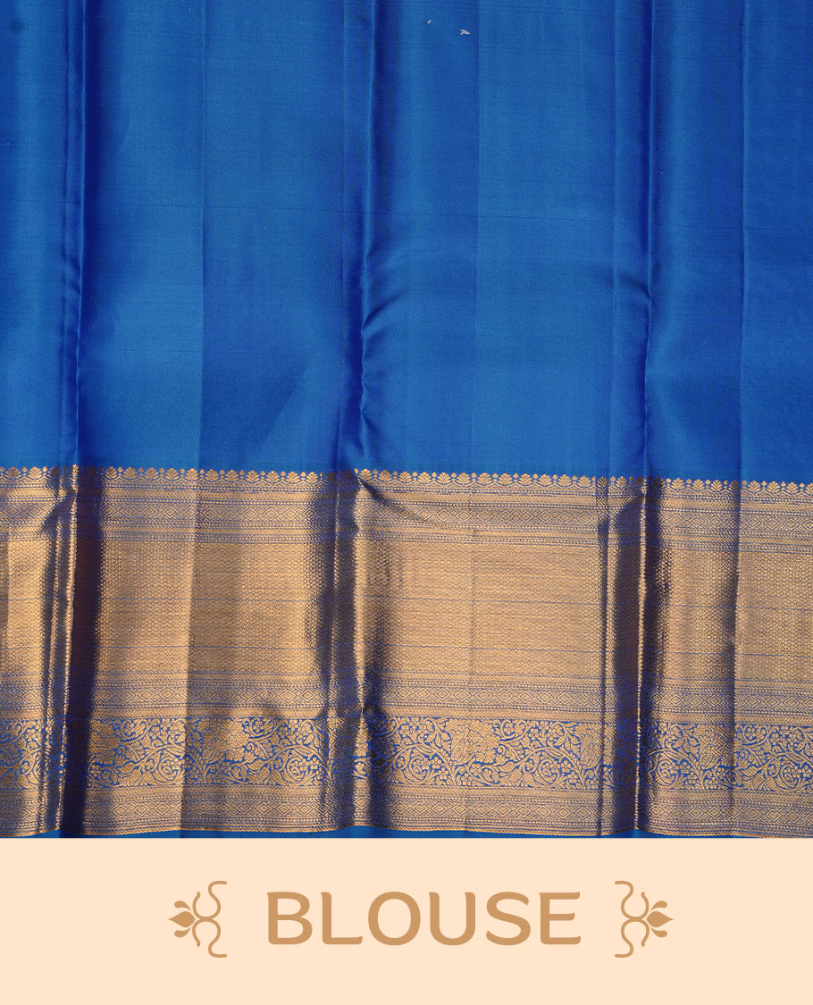 Blue colour kancheepuram silk saree featuring gold zari pattern across body, complemented by selfcolour border traditional zari border, paired with matching blouse piece.