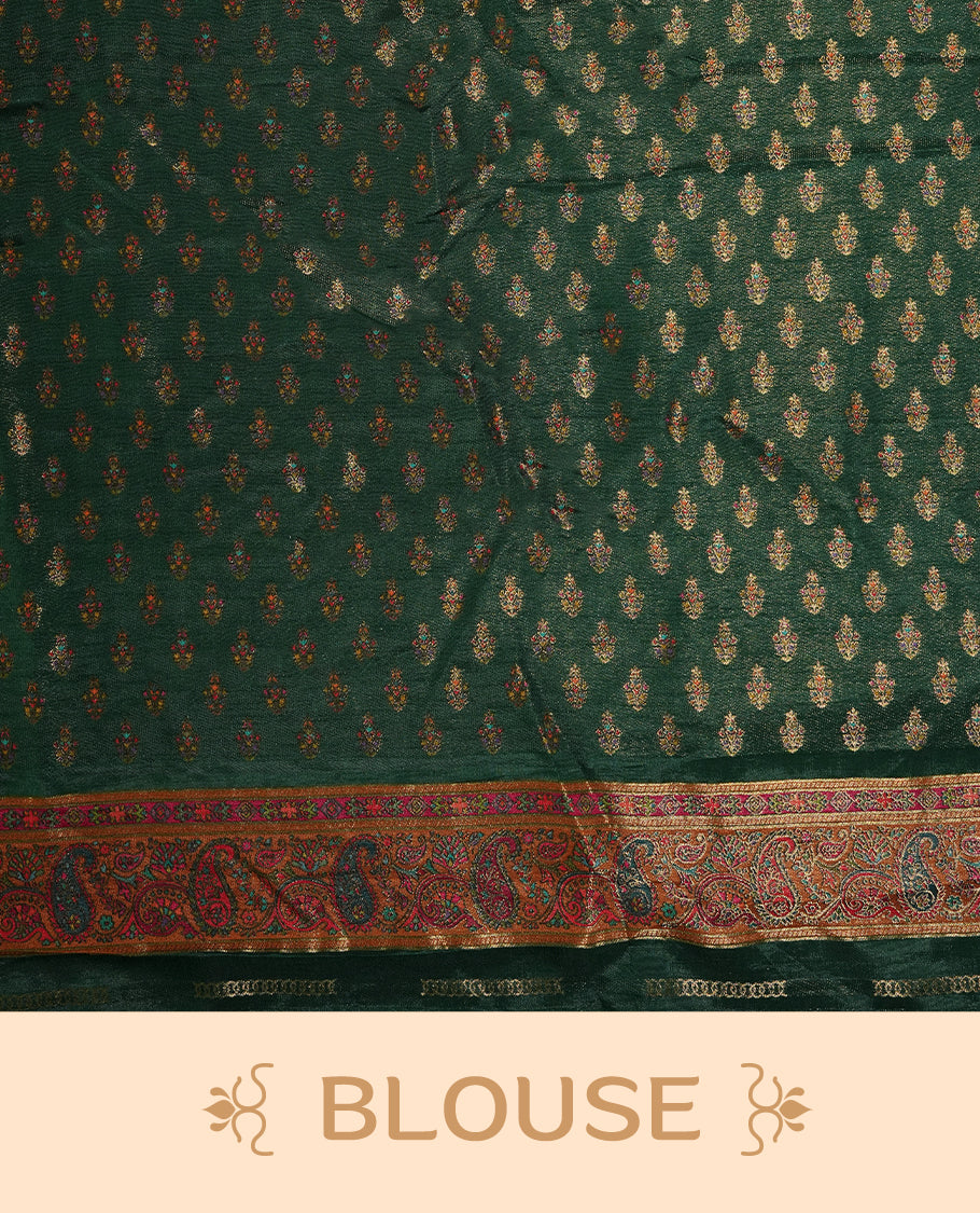 Lemon green colour Pashmina silk saree densely woven with intricate multicolour floral and architectural motifs across the body, framed by an opulent arabesque border and grand storytelling pallu, paired with a matching black woven border blouse piece