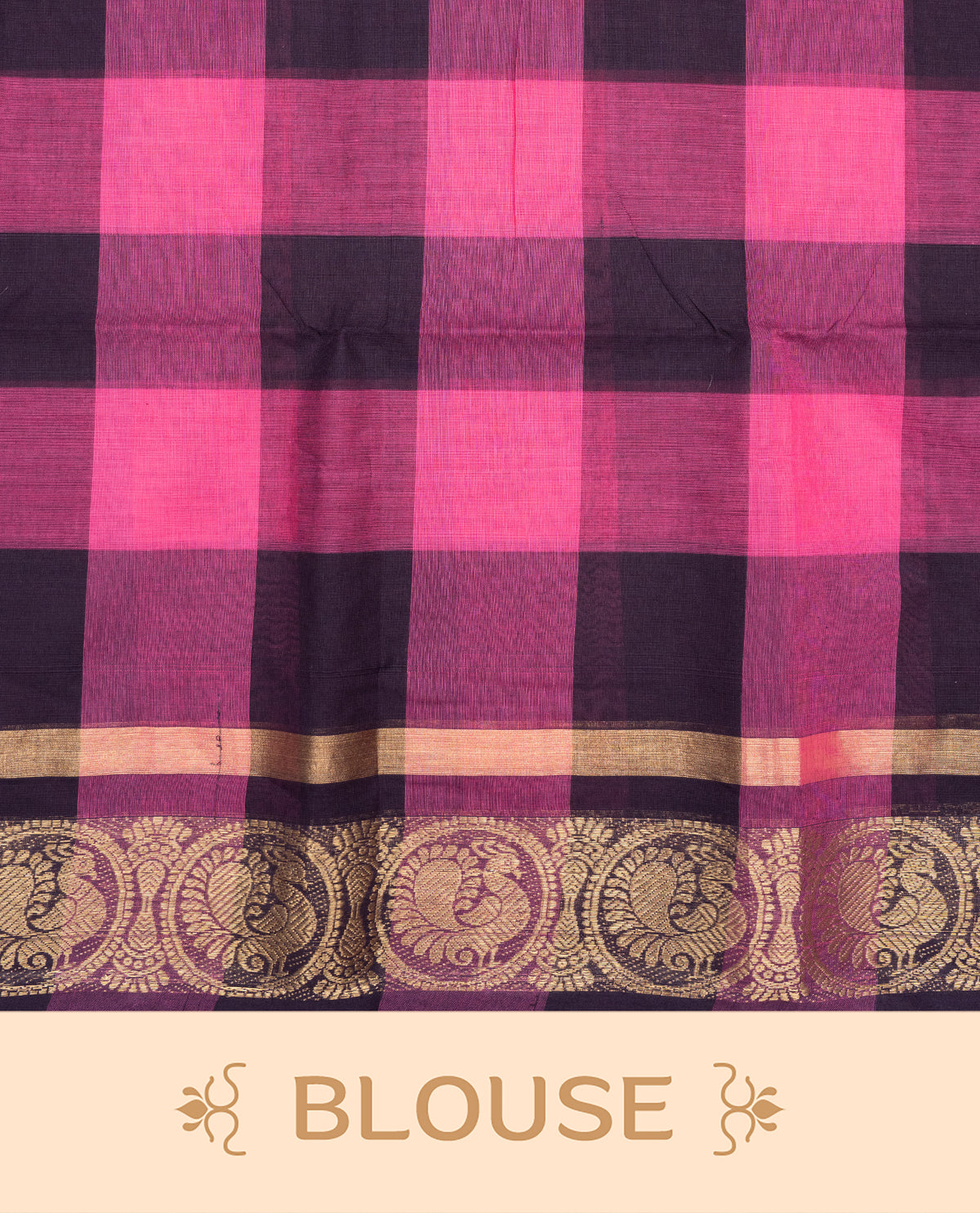 Magenta & Dark brown colour chettinad cotton saree featuring check pattern on body, complemented by Self Colour with gold zari border, comes with matching blouse piece.