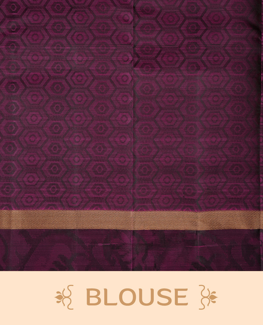 Olive green colour soft silk saree featuring Antique zari geometric motifs on the body, complemented by a contrast Purple zari border and pallu, paired with a matching blouse piece.