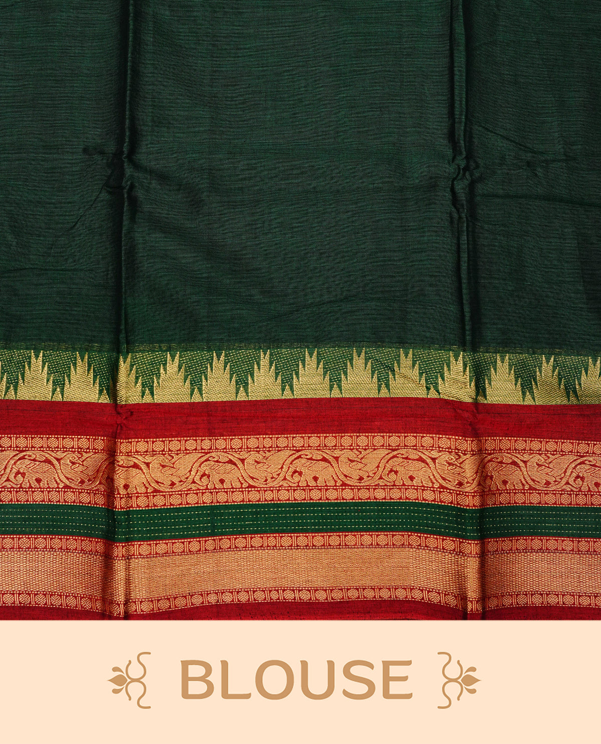 Bottle Green colour Narayanapattu cotton saree with a plain body, complemented by a red colour with Gold Zari temple designed  border & contrast pallu, paired with a matching blouse piece.