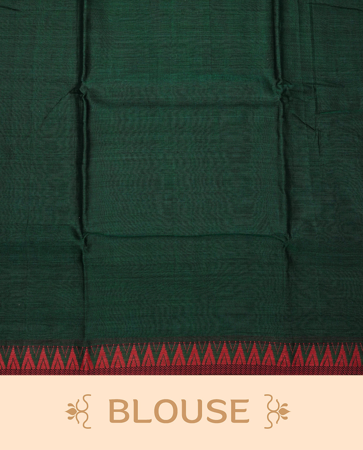 Bottle green colour Narayanapattu cotton saree with a plain body, complemented by a Maroon colour with red temple designed border & contrast pallu, paired with a matching blouse piece.