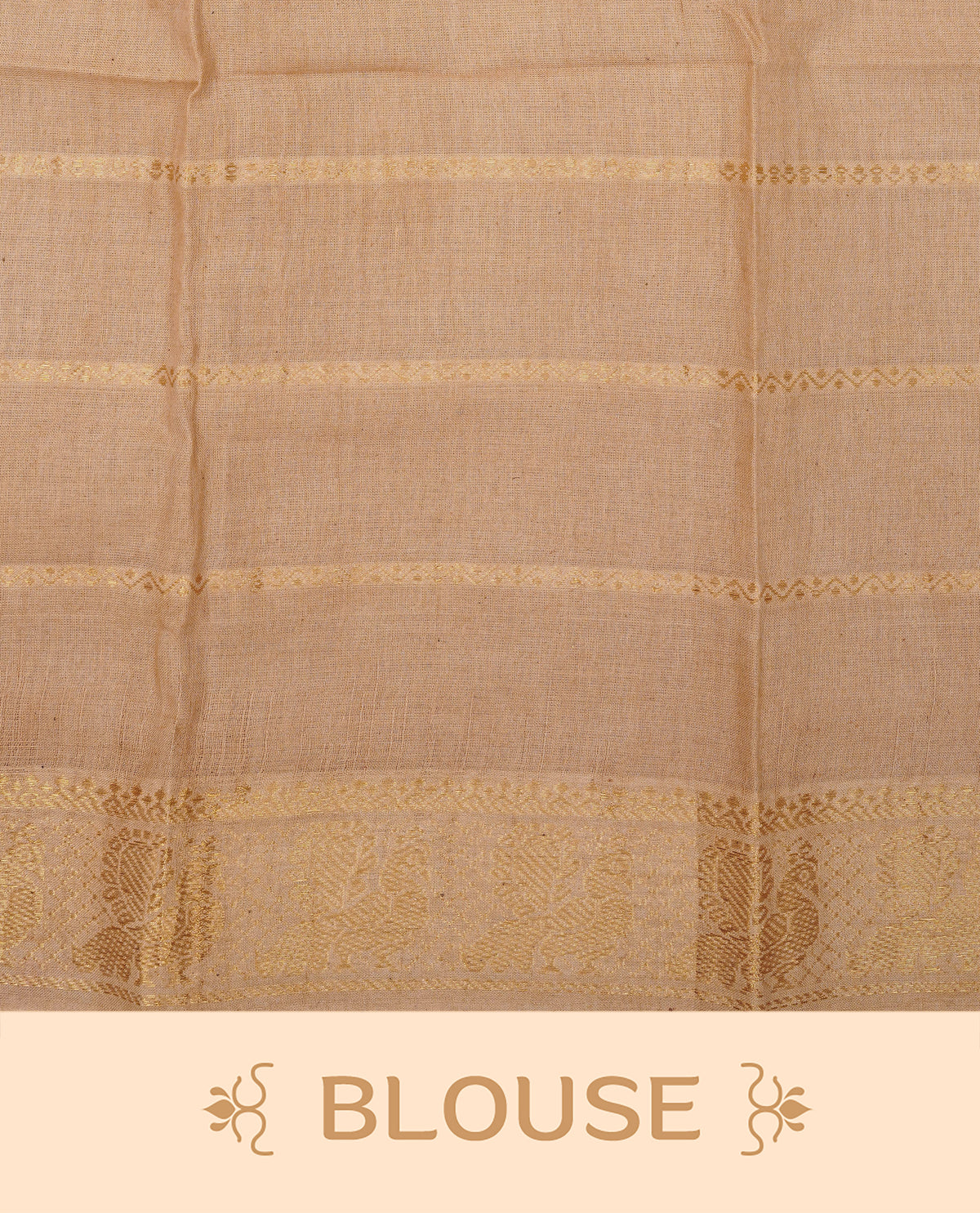Dark chocolate Brown  Colour Sungudi Cotton Saree with peacock gold zari stripes on the body, a matching gold zari border, and a striped gold zari pallu. Paired with a contrast Beige blouse piece  featuring gold zari work.
