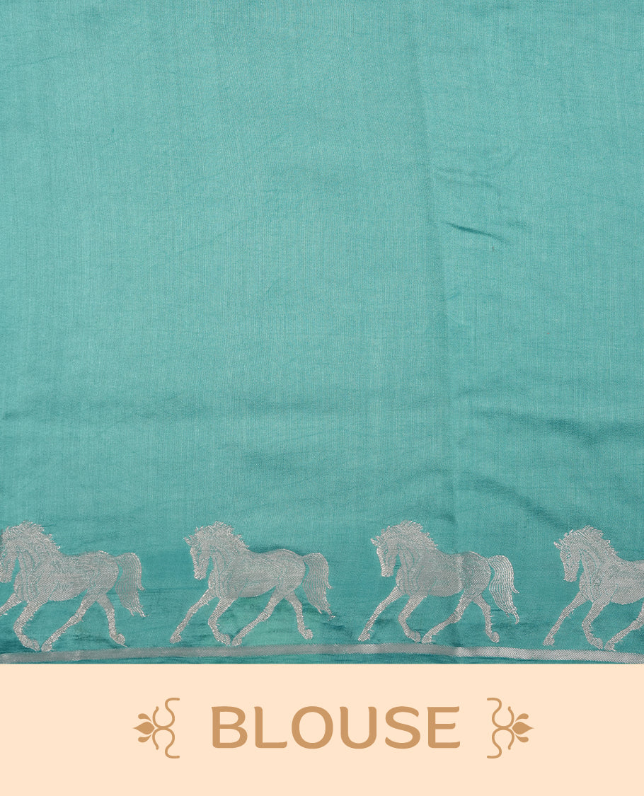 Pastal blue colour banaras soft silk saree featuring silver zari dotted stripes on body, self colour border with silver horse pattern, pallu and paired with matching blouse.