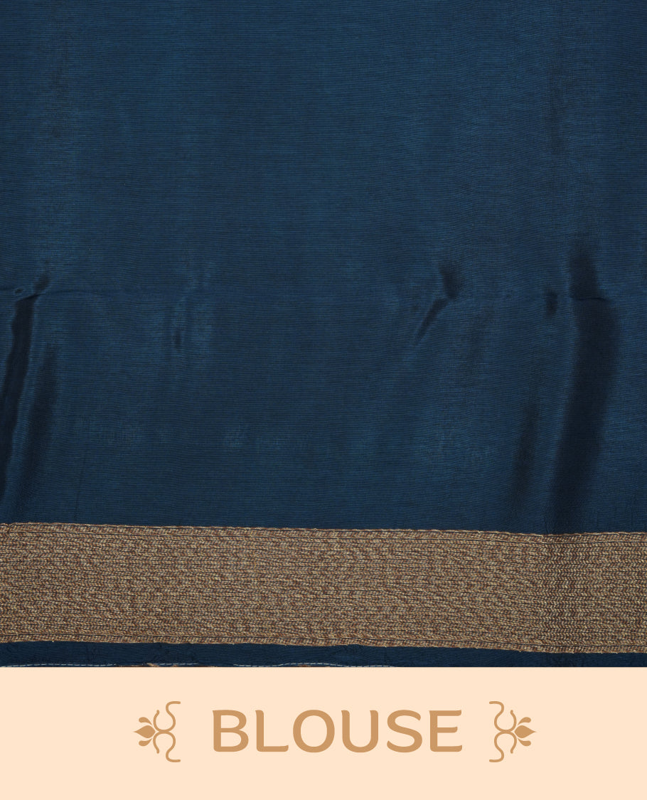 Dark teal colour semi banaras tussar georgette saree featuring antique gold zari buttas on body, temple pattern on border and floral pattern on pallu, paired with matching blouse piece.