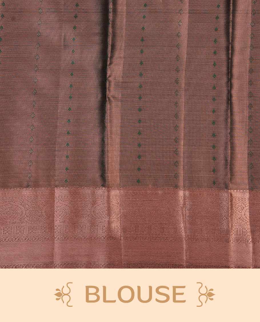 Green and copper double shade colour semi tissue silk saree featuring pattern on body, contrast Maroon colour with gold zari traditional border, paired with matching blouse piece.