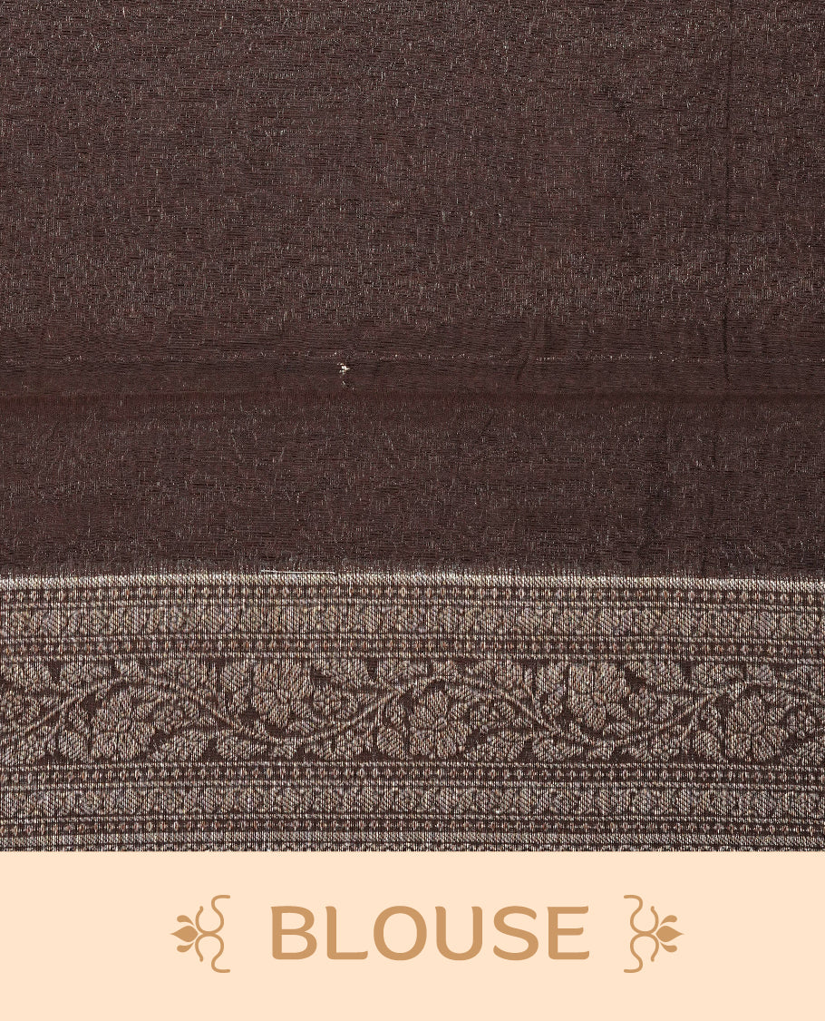 Pastel Olive Colour Tussar Silk saree with antique zari butta motifs On Body, a Brown floral zari border, a rich zari pallu, and a matching blouse piece.