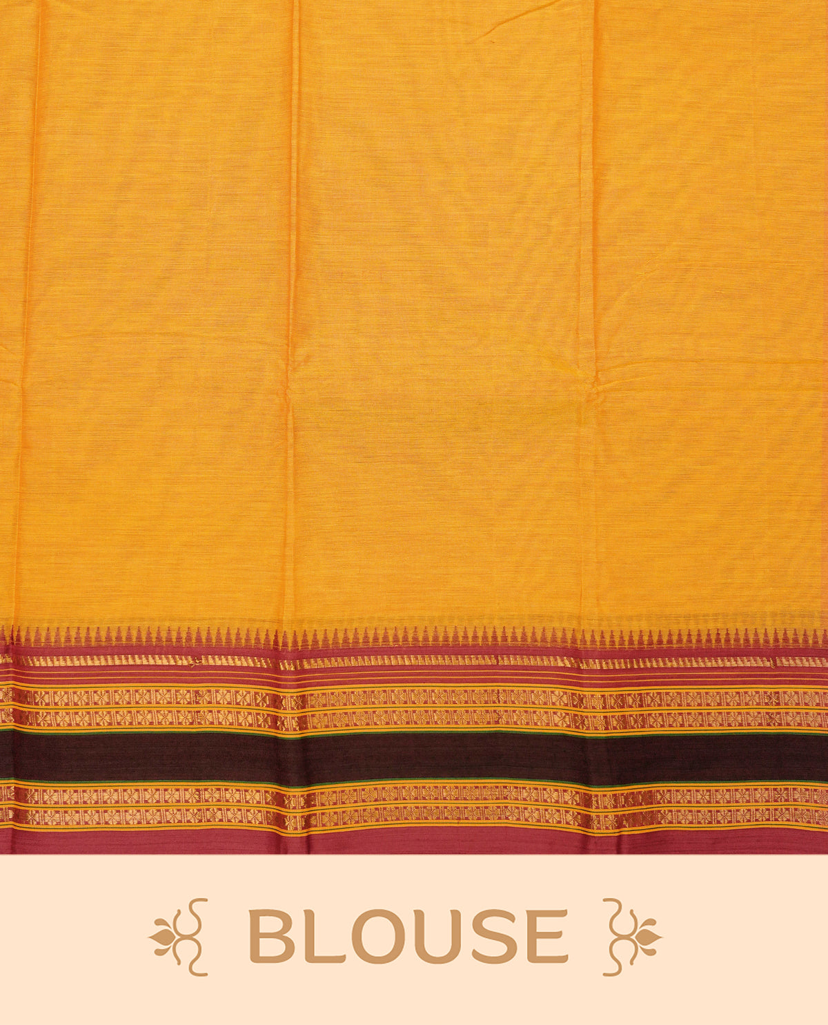 Mustard Yellow colour Narayanapattu cotton saree with a plain body, complemented by a Maroon colour with gold zari border & contrast pallu, paired with a matching blouse piece.