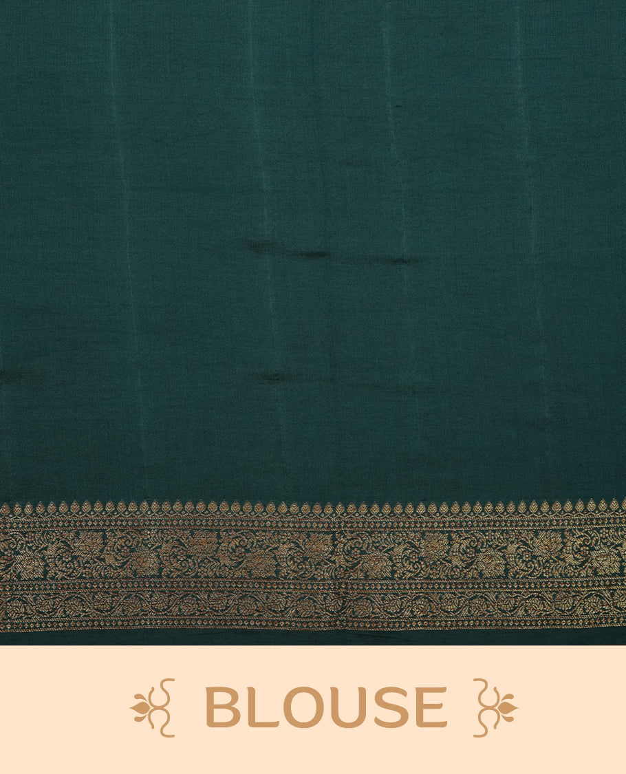 Teal colour Pure banaras soft silk saree featuring Antique zari motifs on body, contrast dark teal colour border , traditional pallu and paired with matching blouse
