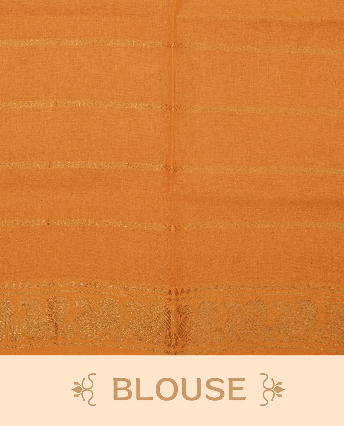 Black Colour  Sungudi Cotton Saree with gold zari motifs on the body, a matching gold zari border, and a plain pallu. Paired with a contrast Orange colour  blouse piece  featuring a gold zari peacock border.