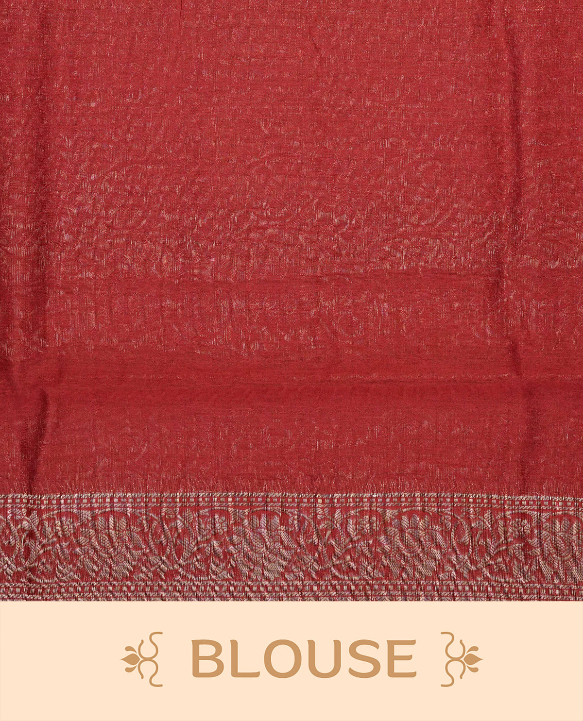 Red colour Banaras silk saree featuring gold zari motifs on body, complemented by contrast self colour with zari border, comes with matching blouse piece.