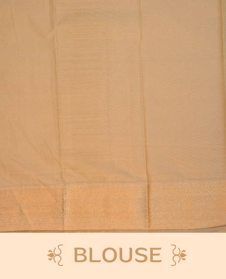 Dark green coloured soft silk saree featuring gold zari motifs across the body, enhanced with a contrast Cream border and pallu, paired with a matching contrast blouse piece.