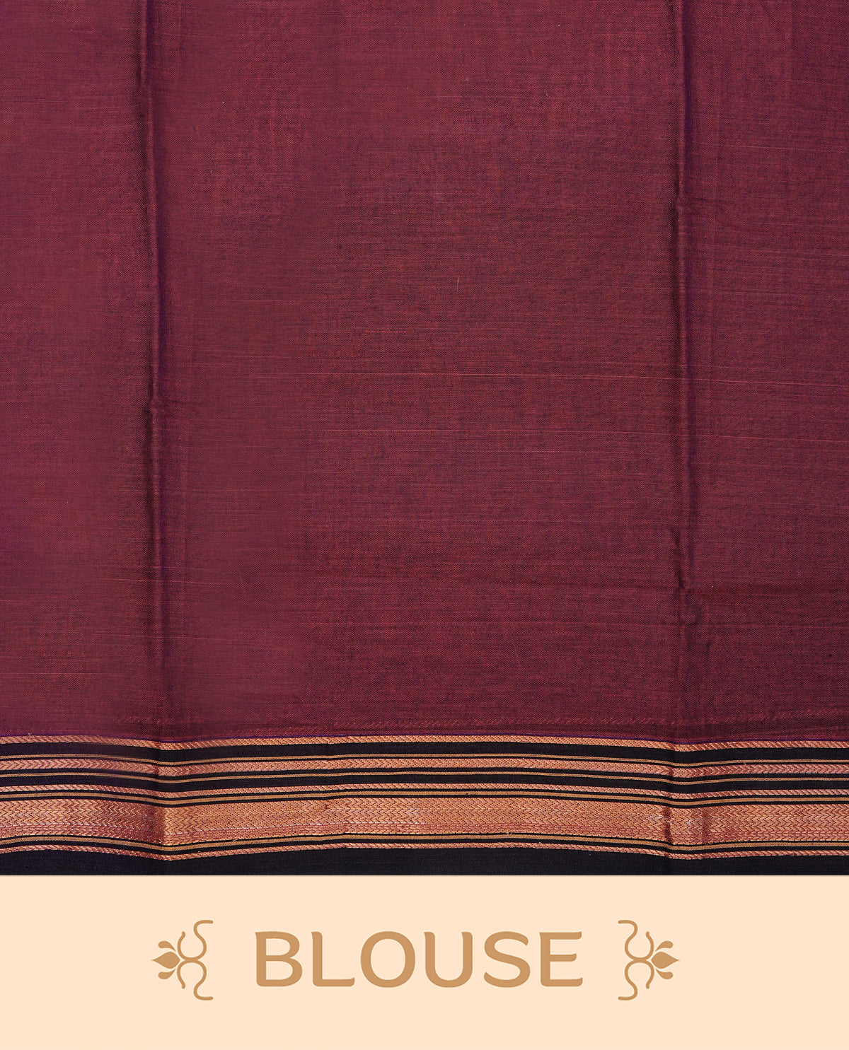 Wine colour Narayanapattu cotton saree with a plain body, complemented by a dark chocolate brown border with elegant gold zari detailing and a contrast striped pallu, paired with a matching blouse piece.