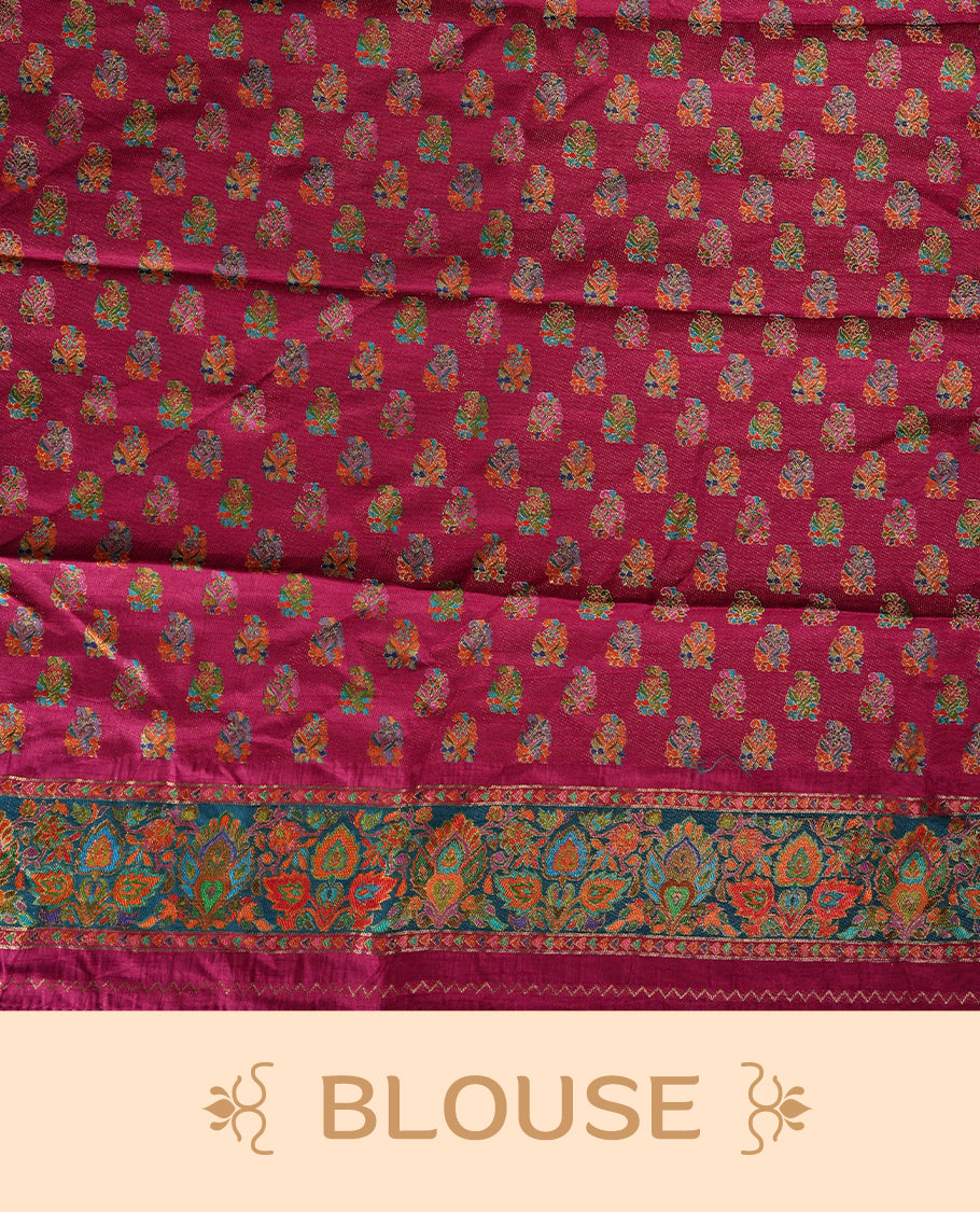 Mustard colour Pashmina silk saree densely woven with intricate multicolour floral motifs across the body, framed by an opulent arabesque border and grand storytelling pallu, paired with a matching woven border blouse piece