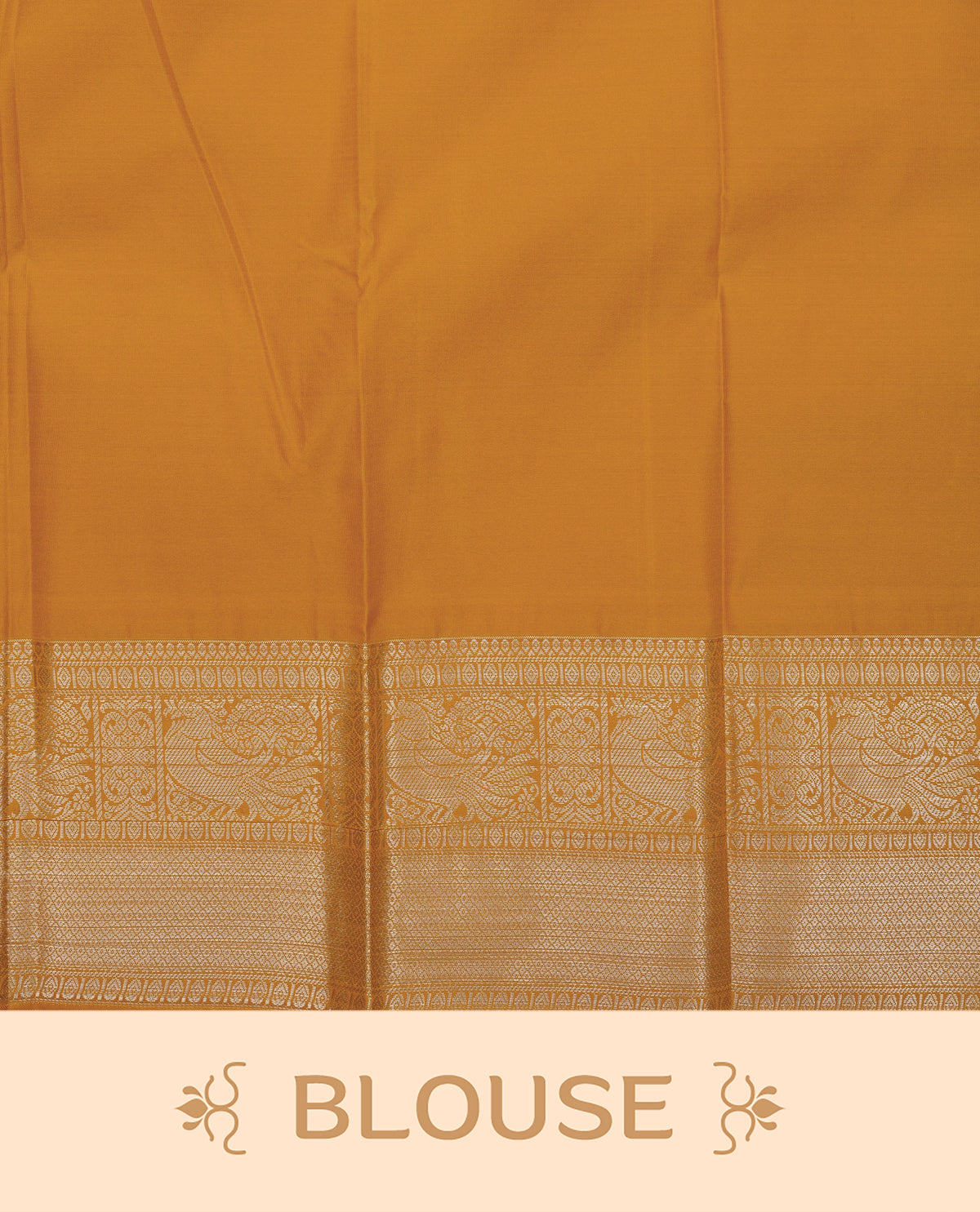 Bottle green colour soft silk saree featuring gold zari lines with elephant motifs on body, contrast Mustard yellow colour gold zari peacock motifs on border, grand pallu comes with matching blouse piece.