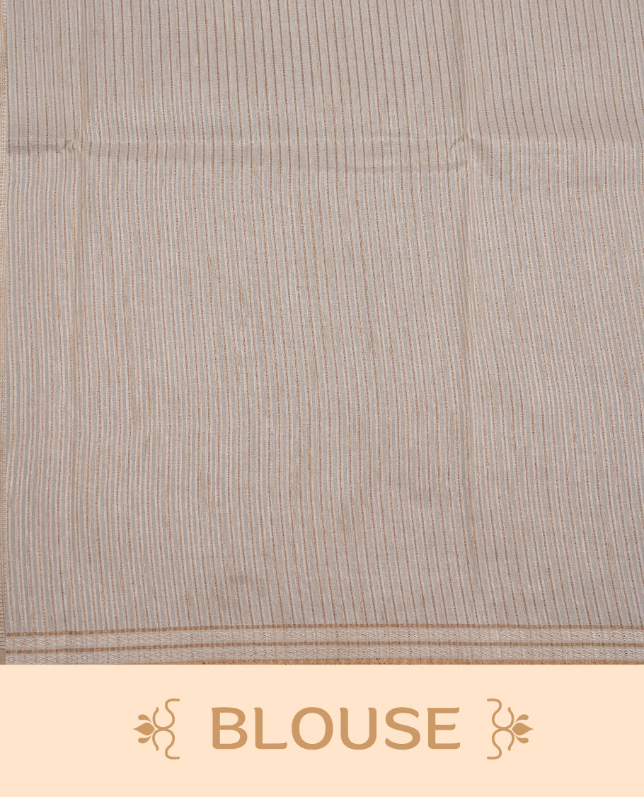 Beige colour Tussar silk saree featuring Elegant plain body, highlighting Pink colour cut work with gold zari border, pallu and paired with matching blouse piece.