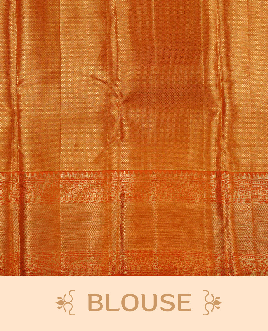 Gold & mustard double shade colour kancheepuram tissue silk saree featuring gold zari floral kodi pattern on body, complemented by contrast mustard colour with traditional border, paired with matching blouse piece.