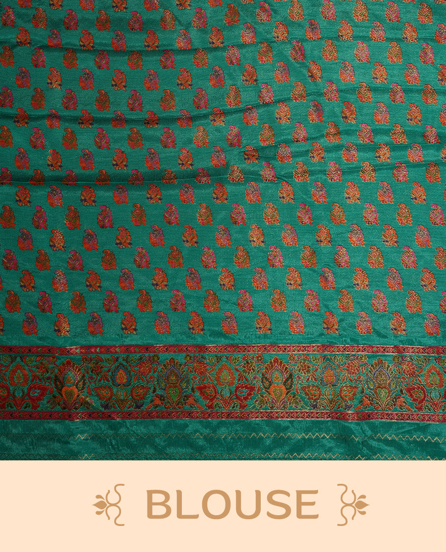 Crystal Teal colour Pashmina silk saree densely woven with intricate multicolour floral and architectural motifs across the body, framed by an opulent arabesque border and grand storytelling pallu, paired with a matching black woven border blouse piece