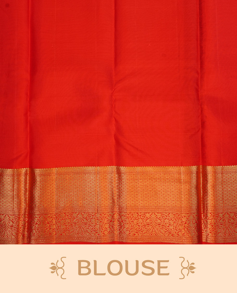 Red colour kancheepuram silk sareee featuring gold zari floral kodi pattern on body, complemented by self colour with traditional border, paired with matching blouse piece.