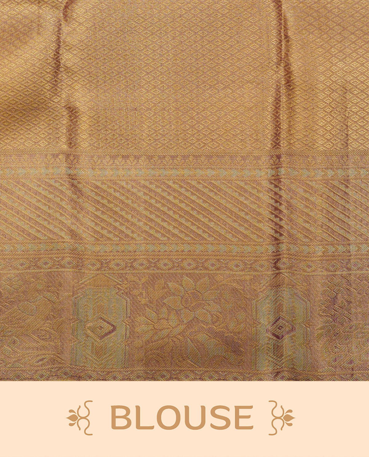 Gold & Red double shade colour pure tissue silk saree featuring Gold zari pattern on body, complemeneted by Self Colour Fancy border with peacock and floral motifs, comes with matching blouse piece.