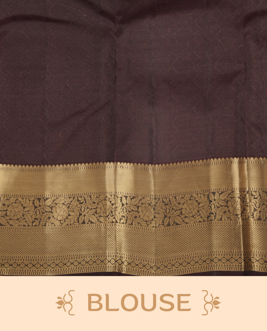 Lemon green colour soft silk saree featuring gold zari motifs on the body, complemented by a contrast chocolate traditional zari border and pallu, paired with matching blouse piece.