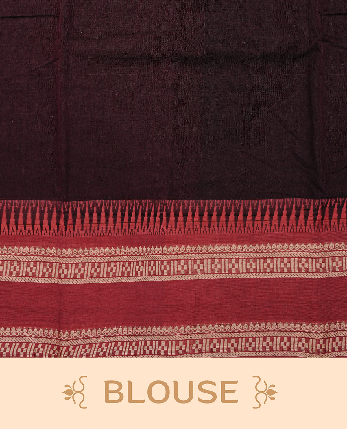 Dark Chocolate Brown colour Narayanapattu cotton saree with a plain body, complemented by a red colour with Beige colour designed border & contrast pallu, paired with a matching blouse piece.