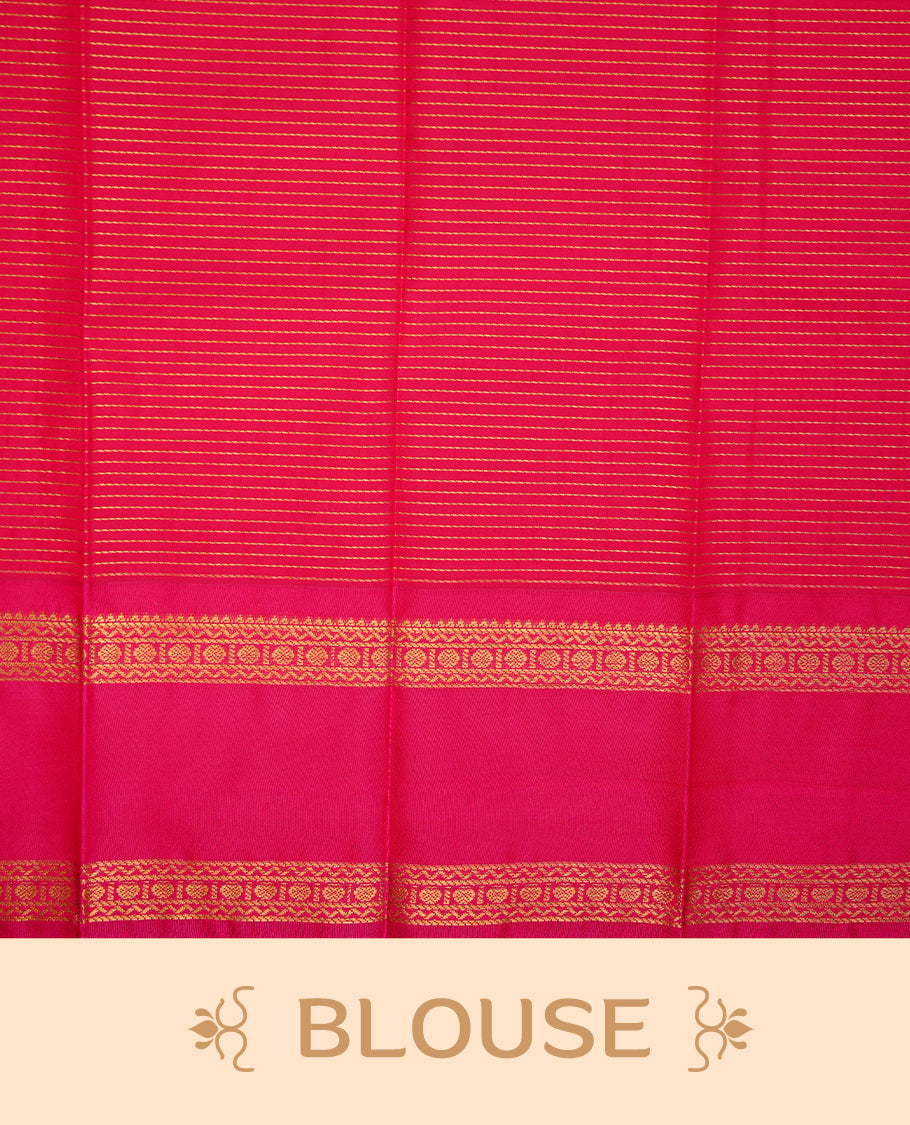 Cream coloured soft silk saree featuring gold zari stripes and motifs across the body, enhanced with a contrast Magenta  border and pallu, paired with a matching contrast blouse piece.
