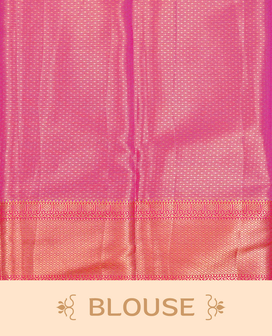 Magenta & Gold Double shade Semi Tissue Silk saree featuring Light gold Kodi pattern on body, complemented by Contrast Magenta with gold zari border, paired with matching blouse piece.
