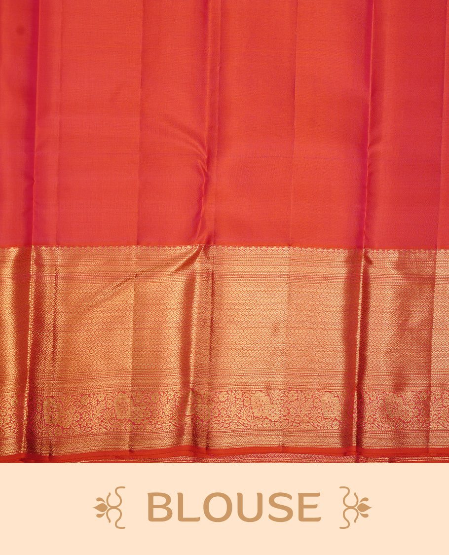 Orange colour kancheepuram silk saree featuring gold zari pattern across body, complemented by selfcolour border traditional zari border, paired with matching blouse piece.