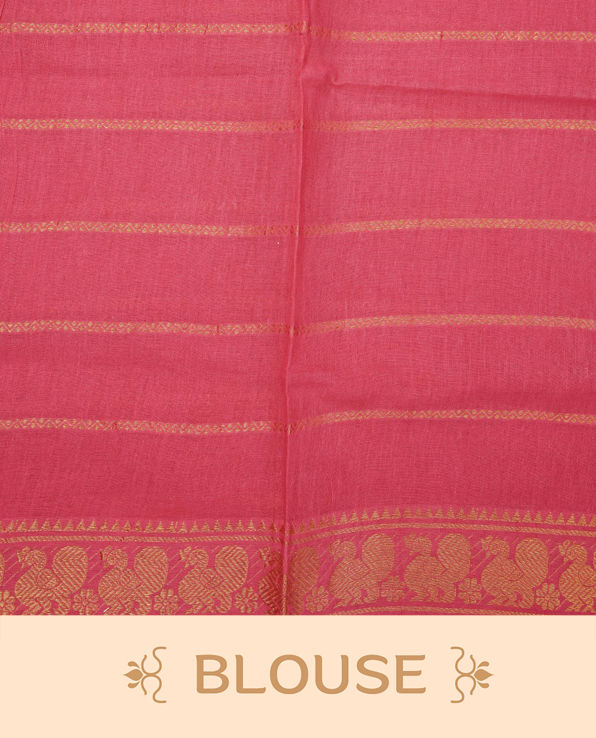 Dark Wine Colour  Sungudi Cotton Saree with gold zari motifs on the body, a matching gold zari border, and a plain pallu. Paired with a contrast Reddish Pink colour  blouse piece  featuring a gold zari peacock border.