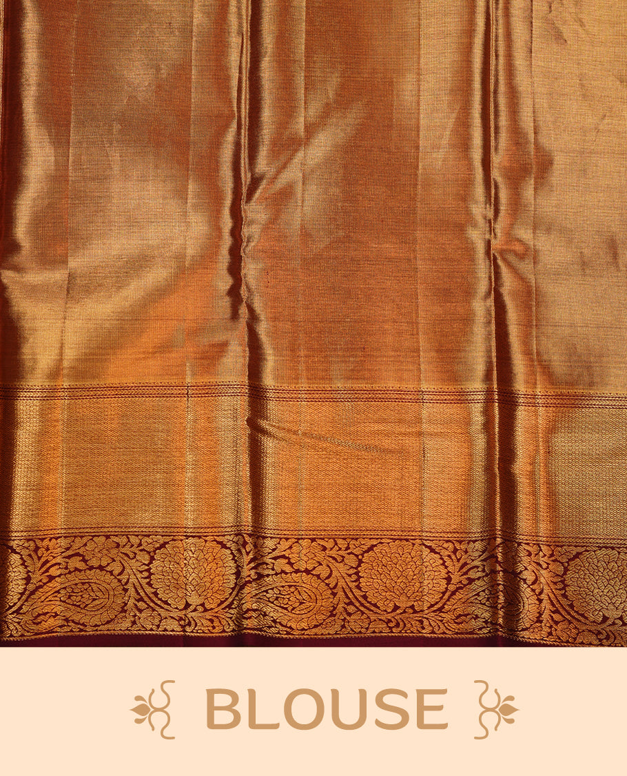 Gold & Maroon double shade colour kancheepuram tissue silk saree featuring gold zari floral kodi pattern on body, complemented by contrast Maroon colour with traditional border, paired with matching blouse piece.