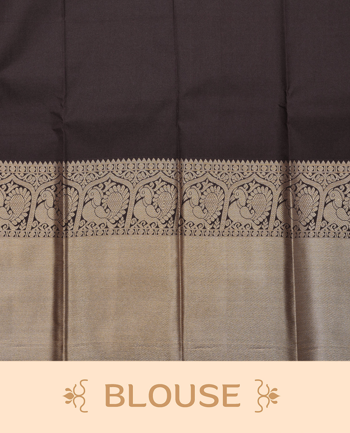 Dark chocolate colour soft silk saree featuring gold zari stripes with floral motifs on body,contrast  by self colour gold zari peacock & floral traditional border, grand pallu comes with matching blouse piece.