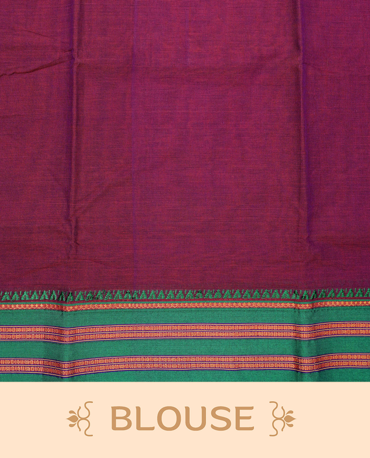 Purple & Magenta dual shade Narayanapattu cotton saree with a plain body, complemented by a green Colour with border with elegant gold zari  & green colour temple designed detailing and a contrast striped pallu, paired with a matching blouse piece.