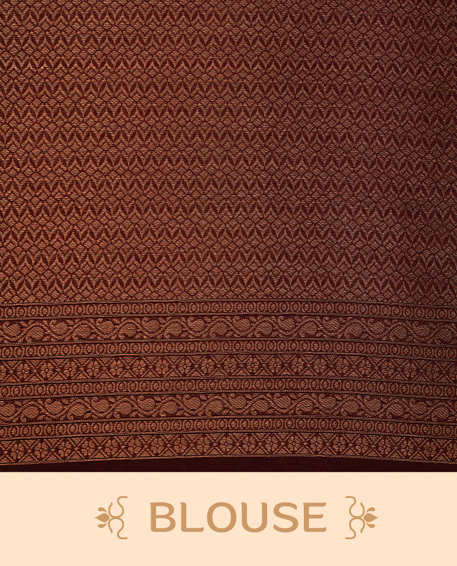 Rust orange colour softie silk saree featuring dot gold zari pattern across body, complemented by contrast chocolate brown with gold zari border, paired with matching blouse