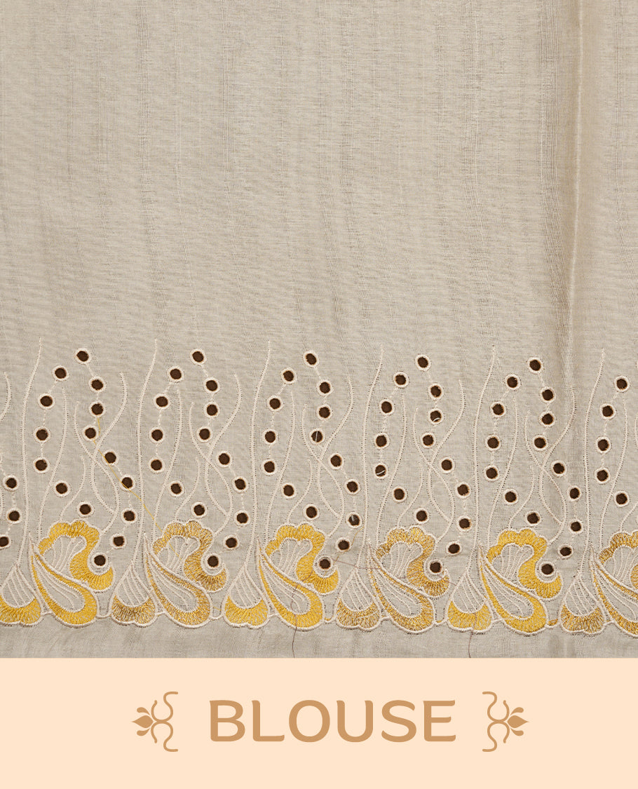 Beige colour Tussar silk saree featuring Elegant plain body, highlighting Yellow colour thread worked scalp border, pallu and paired with matching blouse piece.
