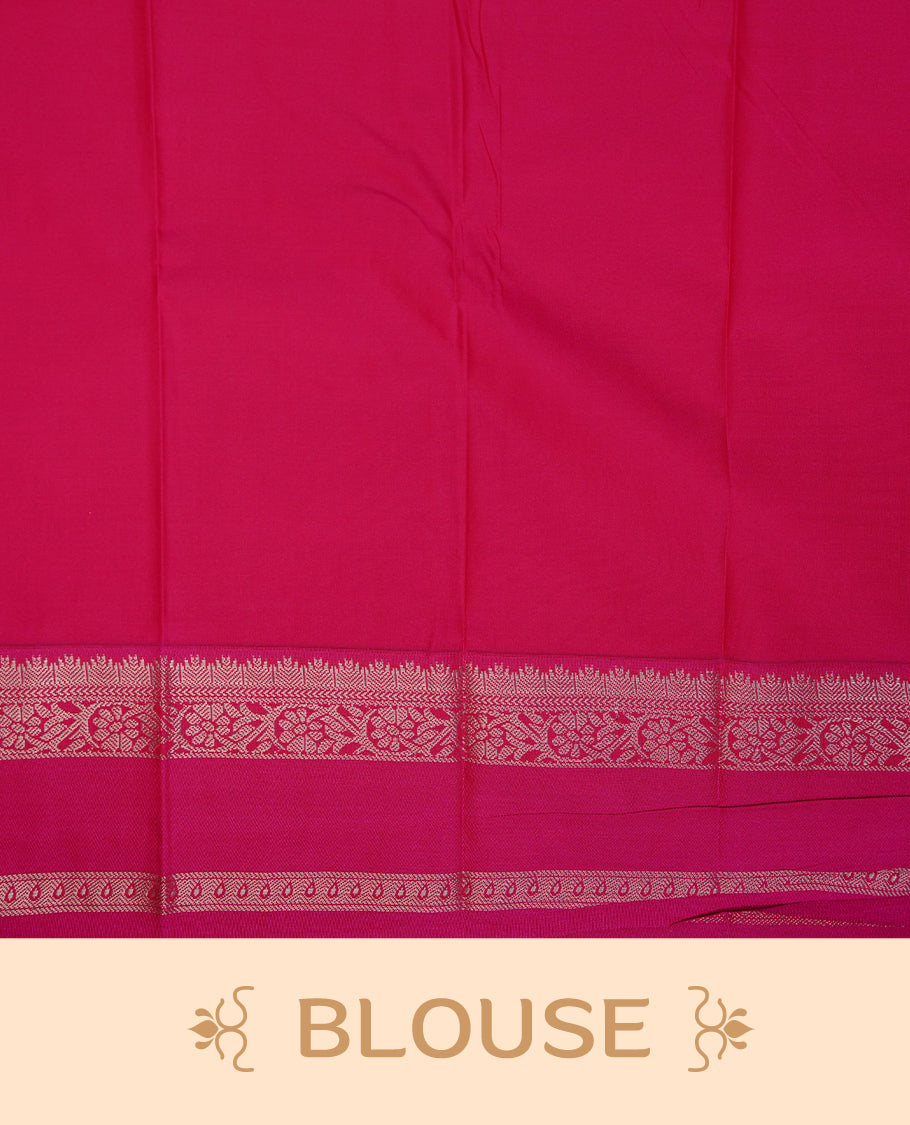 Teal coloured soft silk saree featuring gold zari stripes and motifs across the body, enhanced with a contrast Magenta border and pallu, paired with a matching contrast blouse piece.