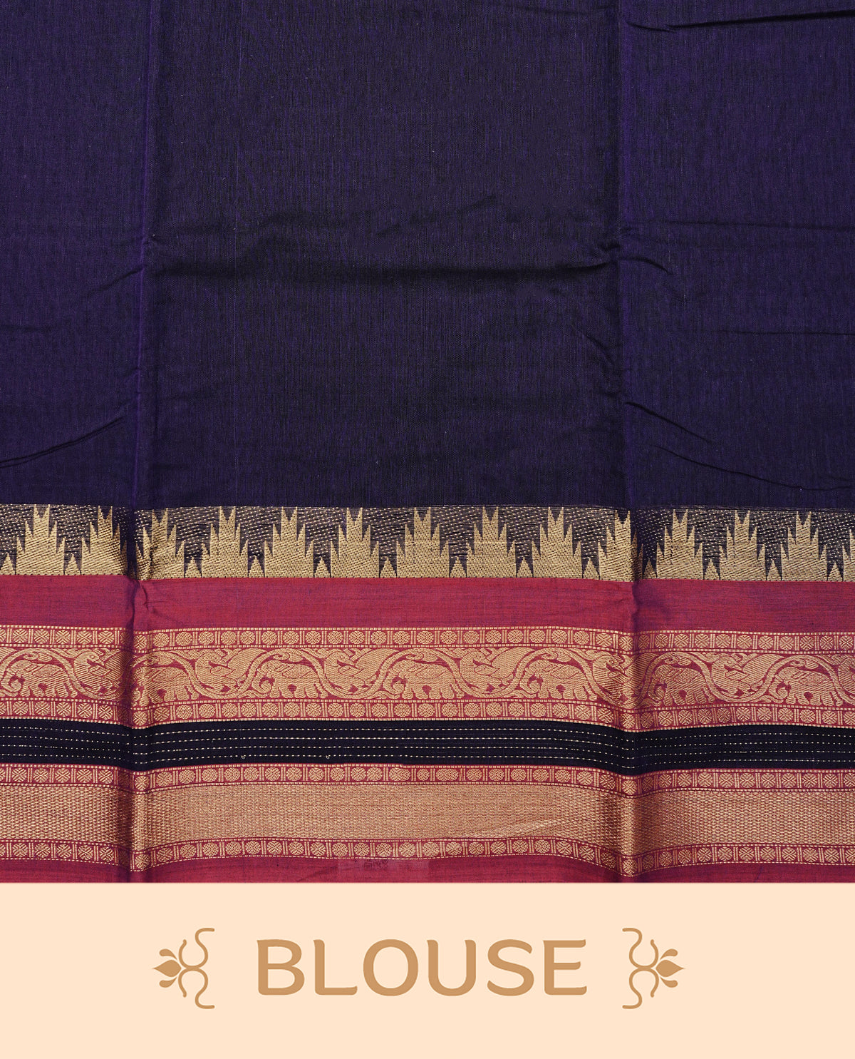 Dark Purple colour Narayanapattu cotton saree with a plain body, complemented by a magenta border featuring gold zari temple and elephant motifs & a contrast pallu, paired with a matching blouse piece.