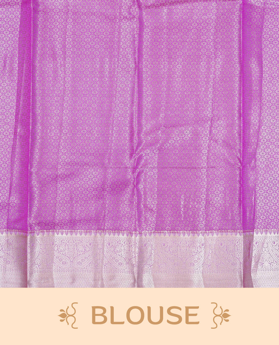 Purple & Gold Double shade Semi Tissue Silk saree featuring Light gold Kodi pattern on body, complemented by Contrast Lavender with gold zari border, paired with matching blouse piece.