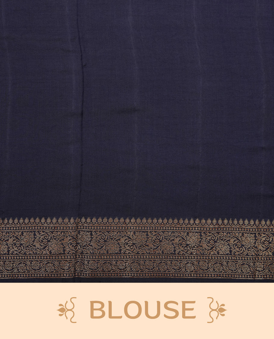 Steel blue colour Pure banaras soft silk saree featuring Antique zari motifs on body, contrast navy blue colour border , traditional pallu and paired with matching blouse