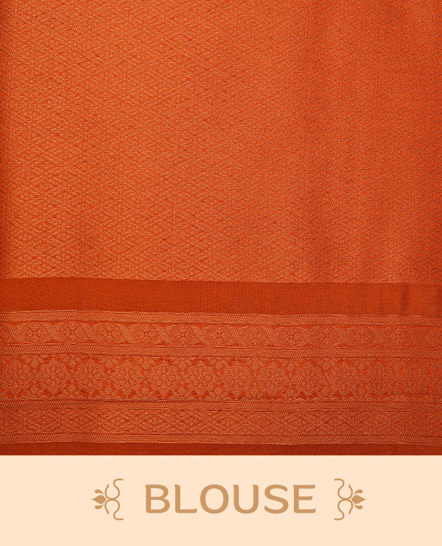 Orange colour softie silk saree featuring ovel shape stripes across body, complemented by self colour with traditional border, paired with matching blouse piece.
