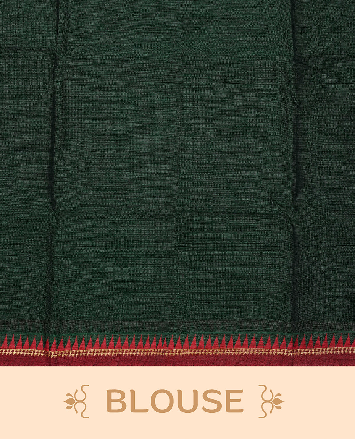 Dark Green colour Narayanapattu cotton saree with a plain body, complemented by a Maroon colour with gold zari and red colour temple designed border & contrast pallu, paired with a matching blouse piece.