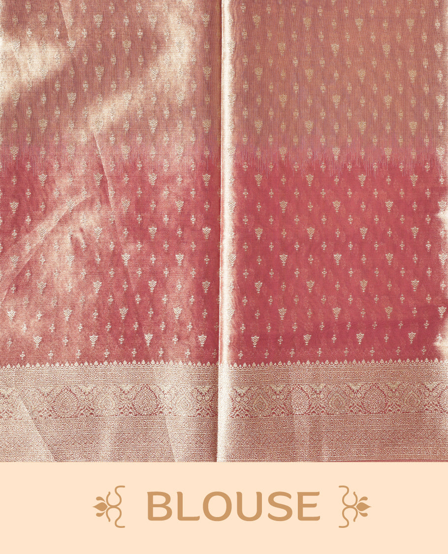Pink, Light pink, gold triple shade colour semi Tissue silk saree featuring gold zari motifs on body, complemented by gold zari traditional border, paired with matching blouse piece.