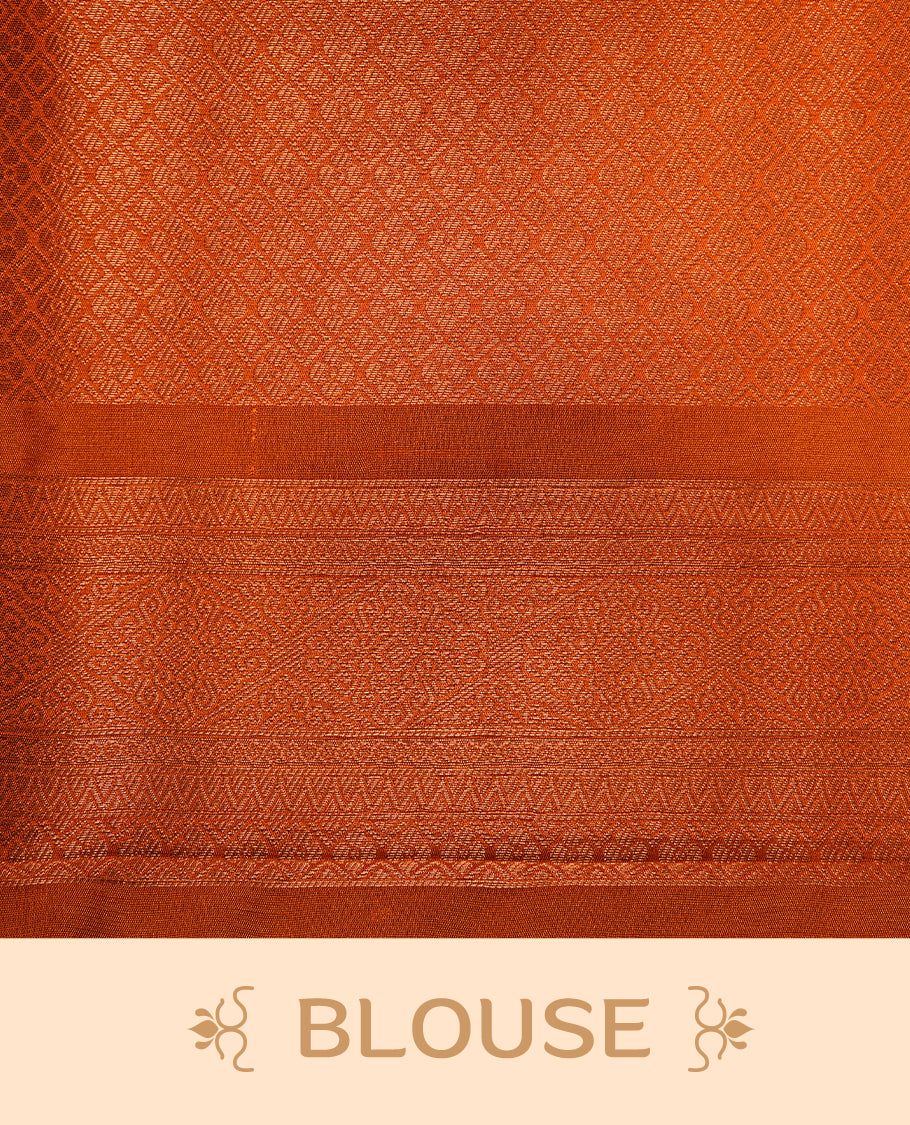 Orange colour softie silk saree featuring dotted stripes across body, complemented by self colour with traditional border, paired with matching blouse piece.