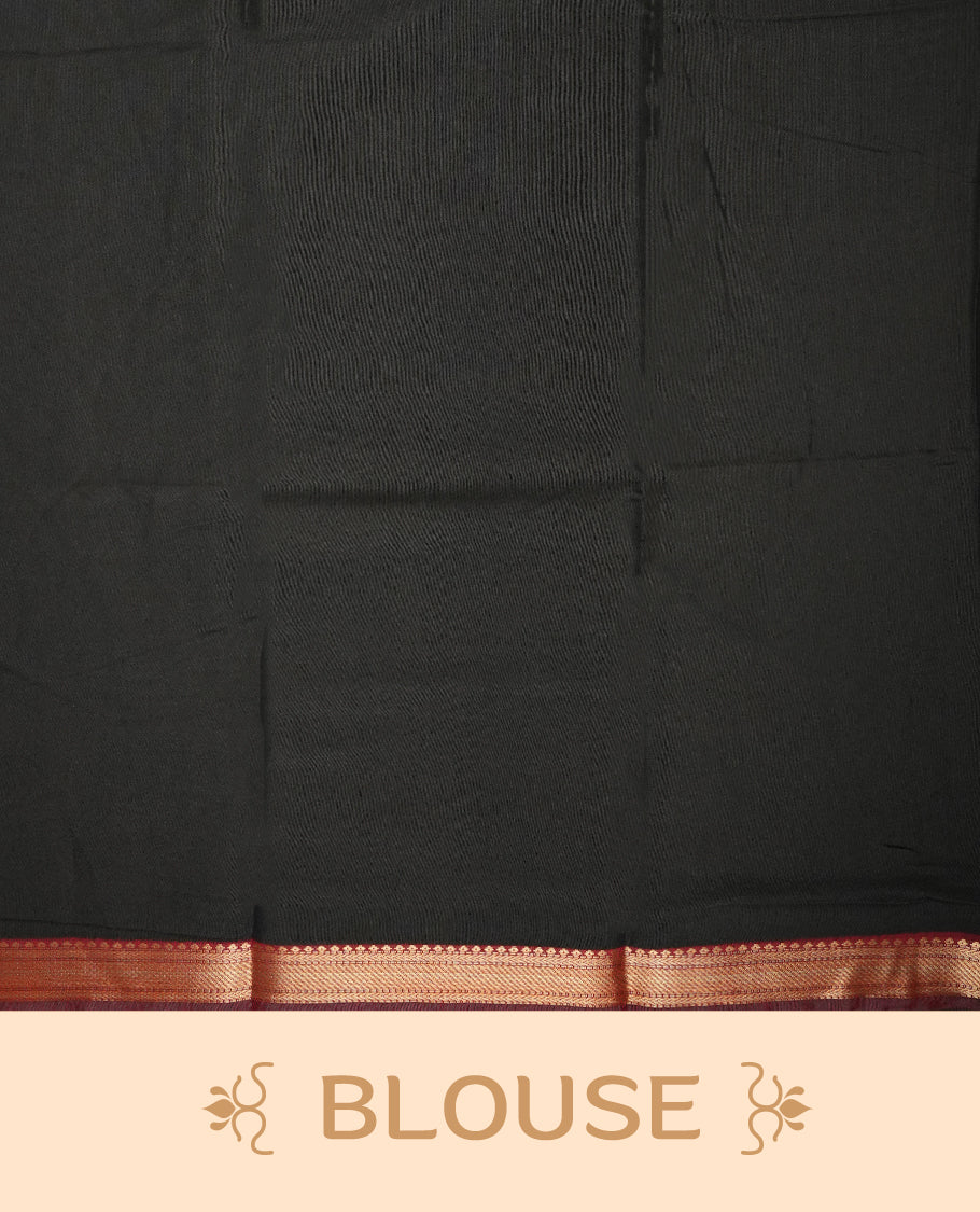 Black colour mixed chanderi cotton saree with ashy white zari body, red and black geometric pallu with floral motifs, gold border, and matching black blouse.