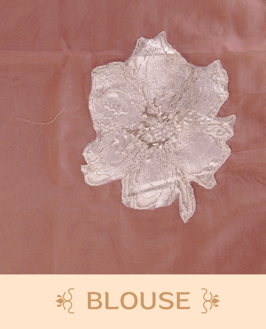 Pastel pink colour semi organza saree featuring white floral & gold thread pattern, highlighting scalp design border, paired with matching blouse piece.