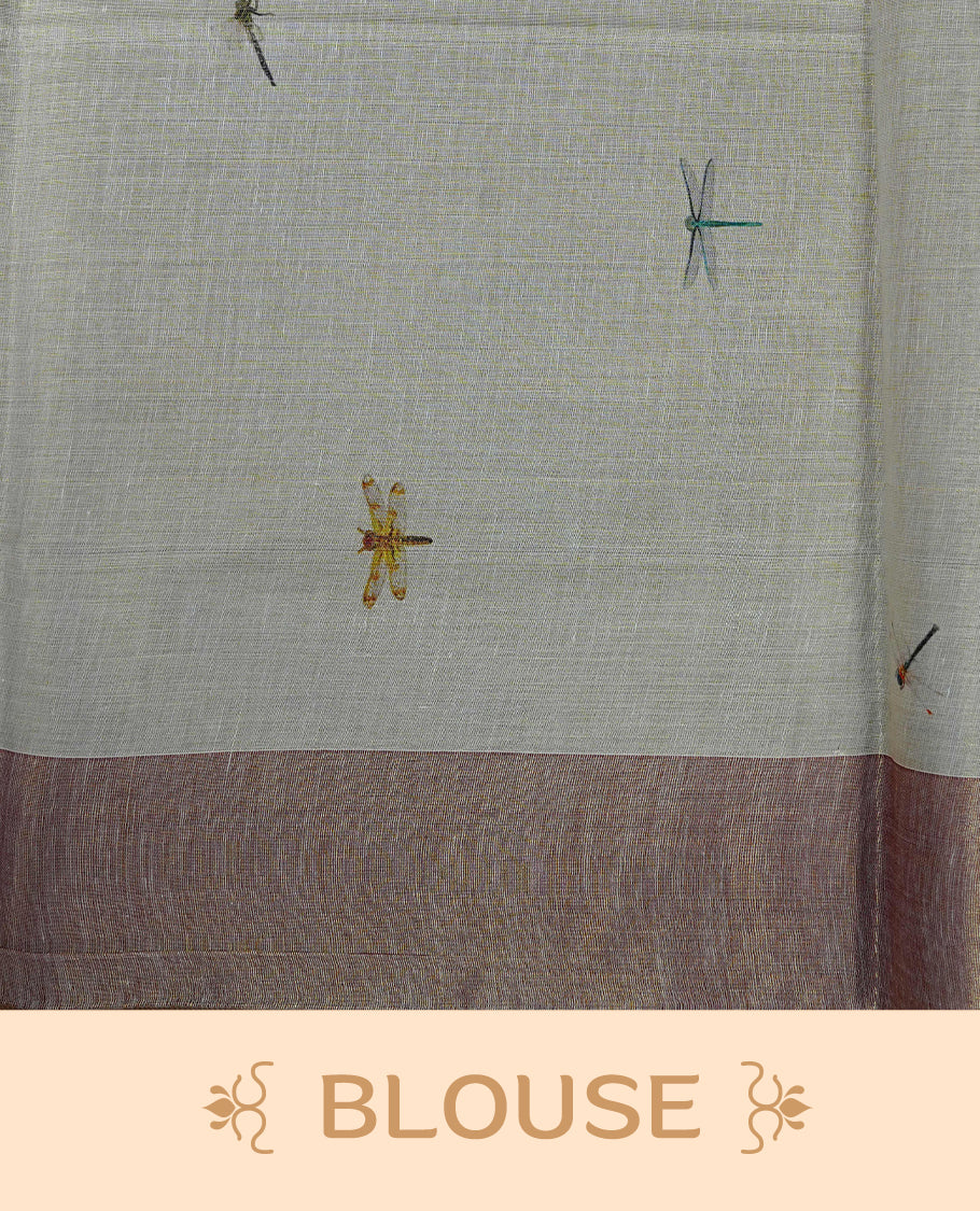 Cream Colour Tissue Kerala Saree Featuring  Plain Body ,Complemented By Red  Zari With Dragonfly Printed   Border ,Enhance By A  Red With Gold Zari  Pallu ,Paired With A Matching Blouse Piece.
