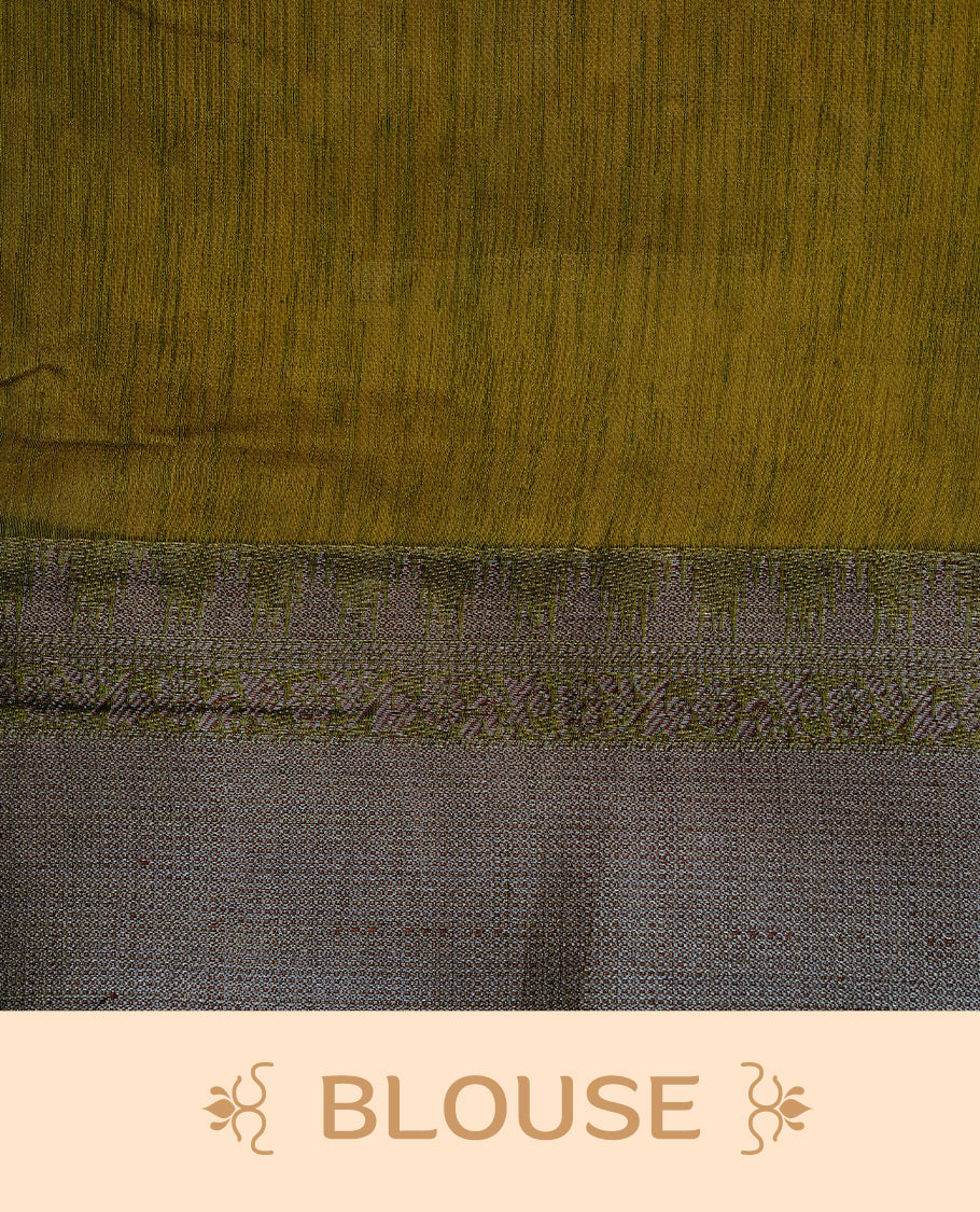 Grape colour Semi linen saree featuring Elegant plain body, complemented by contrast Green colour With Antique zari border, paired with matching blouse piece.