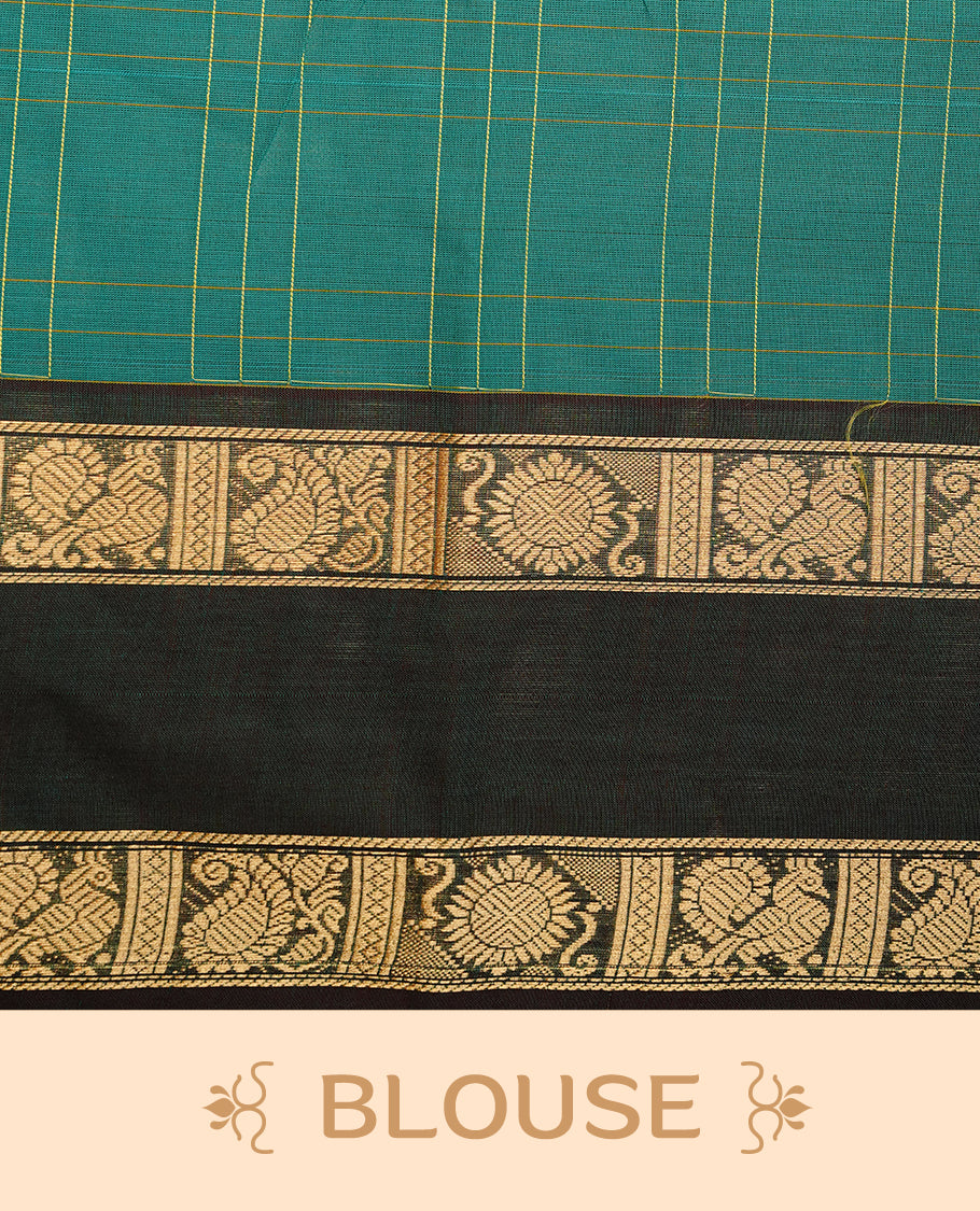 Teal colour chettinad cotton saree featuring gold zari motifs & check pattern on body, complemented by green colour with zari border, paired with matching blouse piece.