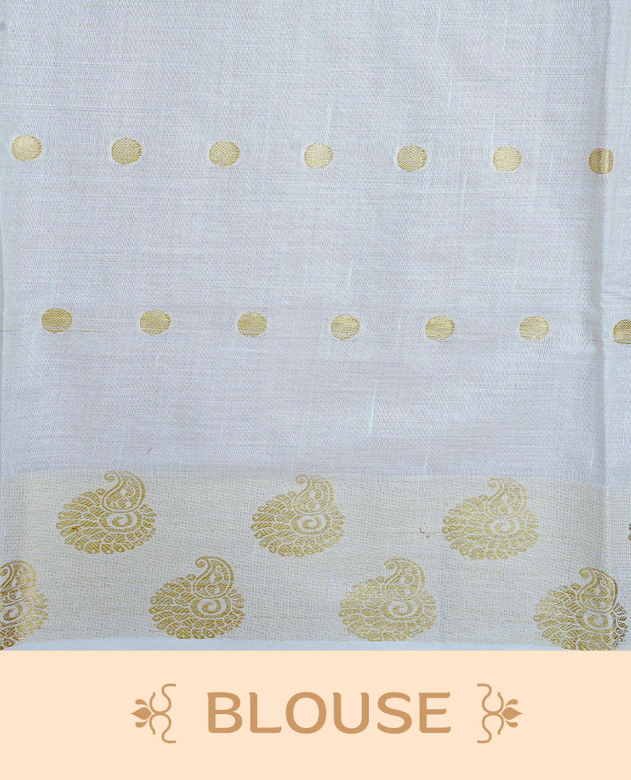 Cream Colour Cotton Kerala Saree Featuring Gold Zari Dot Motifs Across the Body, Enhanced with a Gold Zari Border and Traditional Gold Zari Pallu, Paired with Matching a Blouse Piece