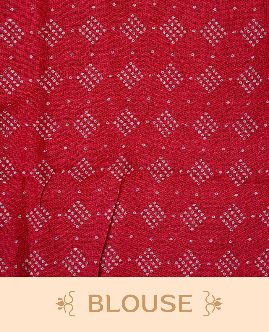 Cream colour semi linen saree featuring red Ajrakh pattern print on body, complemented by contrast Pink colour with same pattern print Red border, comes with matching blouse piece.